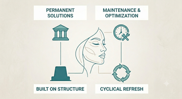 Diagram comparing permanent surgical and temporary non-surgical face sculpting results